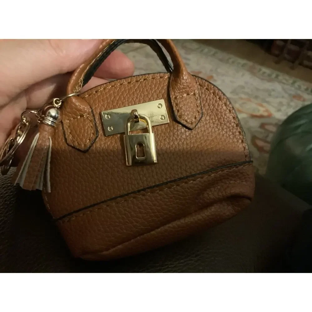 Leather Padlock Mini Bag Cognac Charm Coin Pouch Key Holder Keychain Paddington